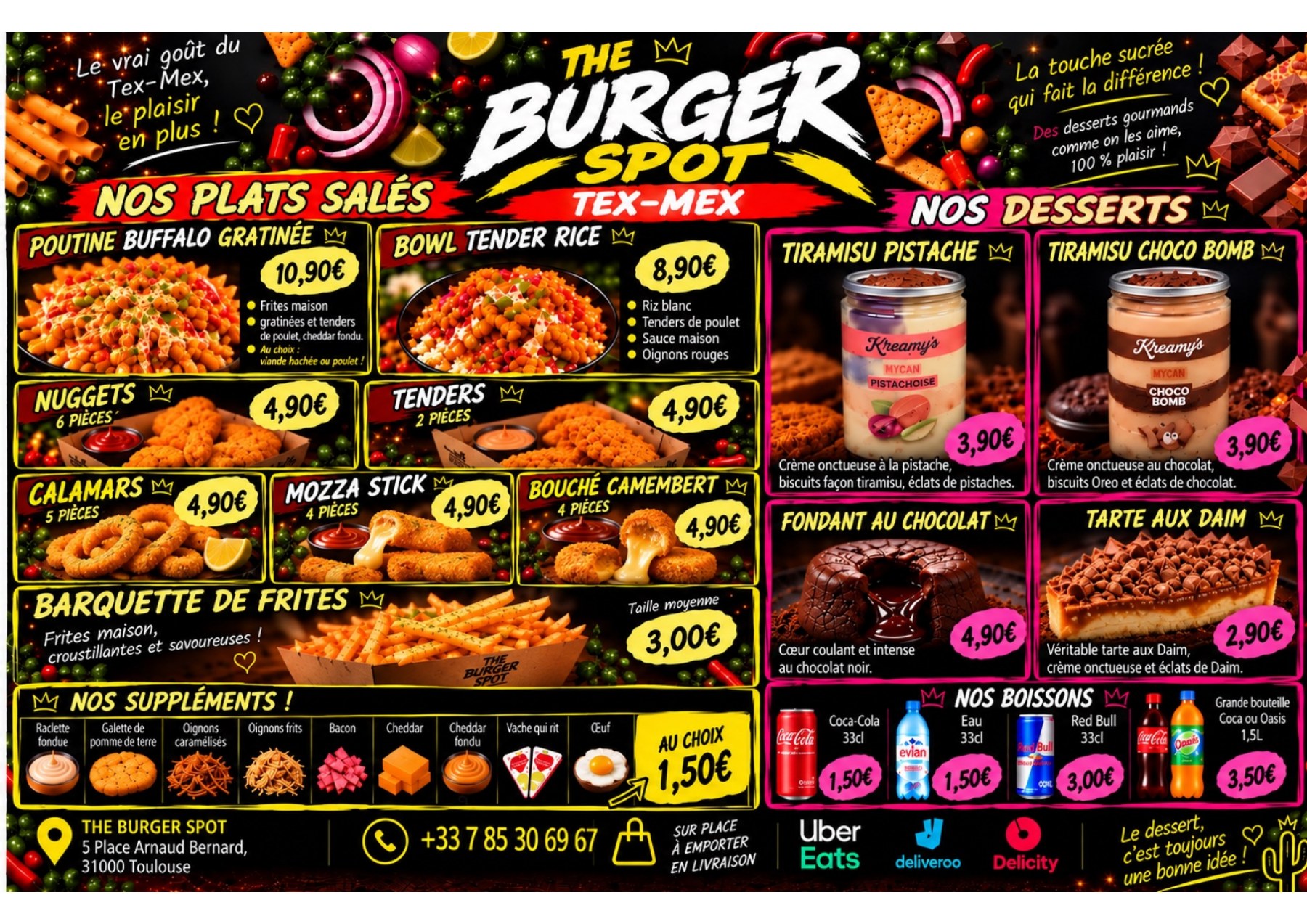Menu plats salés, desserts et boissons de The Burger Spot