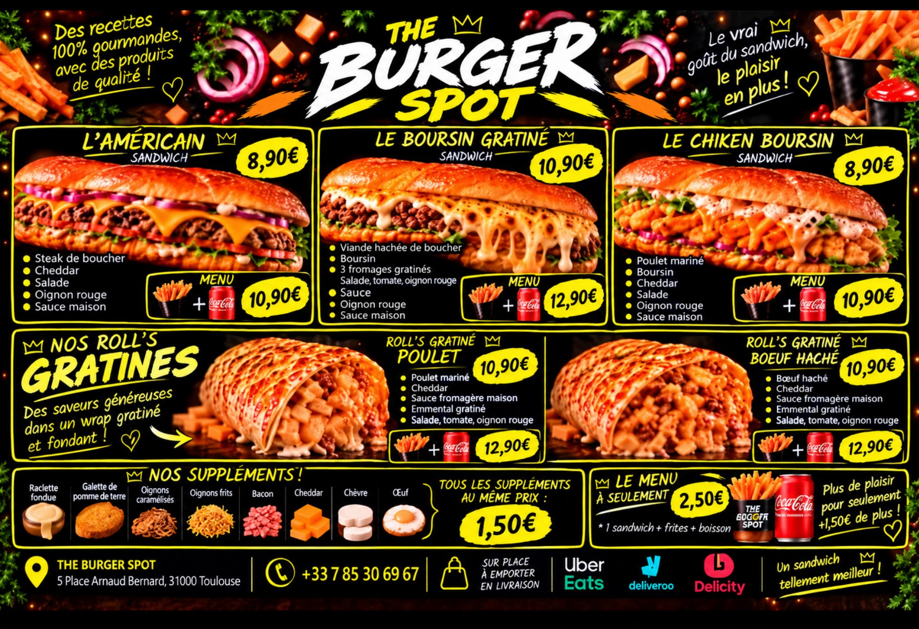 Menu Sandwichs et Roll's gratinés de The Burger Spot